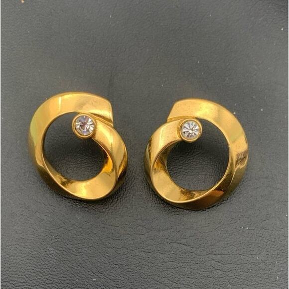 Vintage 1987 AVON Gold Tone Ribbon Sparkle Pierced Earrings - Picture 1 of 4